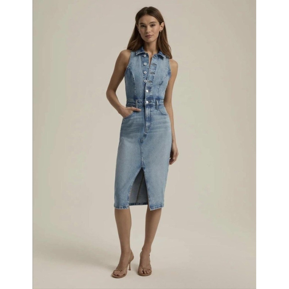 Favorite Daughter The City Halter Dress Womens 29 Blue Denim Midi Button Front